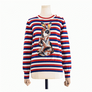 100% Baumwolle Pullover Streifen Jacquard Kaninchen Patch Strickwaren Frauen