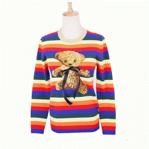 Benutzerdefinierte ODM Teddybär Intarsia Regenbogen Streifen Frauen Tuch Pullover Pullover