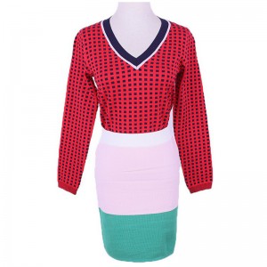 2018 Büro Damen Mädchen Assorted Color Grid Jacquard Twinset Sweater Dress