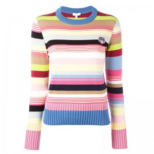 Kundenspezifische Damen Wollmischung Multi Color Stripes Rundhalsausschnitt Strickpullover